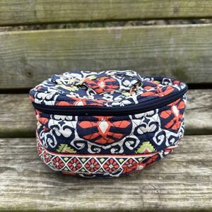 Vera Bradley Sun Valley Quilted Cotton Round Train Case Makeup Cosmetic Bag Navy